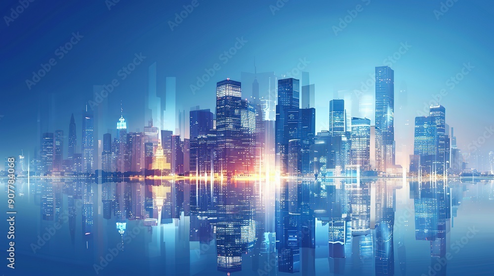 Sticker Modern skyscrapers of a smart city, futuristic financial district, graphic perspective of buildings and reflections - Architectural blue background for corporate and business brochure template