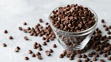 Clear glass container overflowing with chocolate jimmies on a plain backdrop