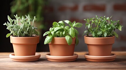 Three Different Herbs Growing in Terracotta Pots on a Wooden Tabletop