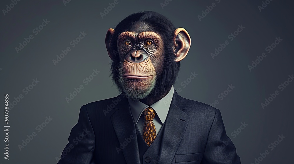 Poster Monkey dressed in an elegant and modern suit with a nice tie. Fashion portrait of an anthropomorphic animal, chimpanzee, chimp, shooted in a charismatic human attitude