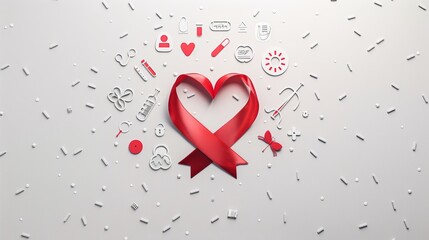Modern World AIDS Day Banner with Heart Shaped Red Ribbon Surrounded by Medical Icons