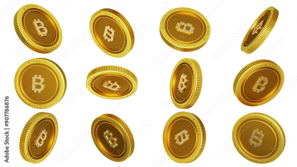 Fototapete 3d rendering of set of abstract golden bitcoin coins concept in different angles. bitcoin sign on go