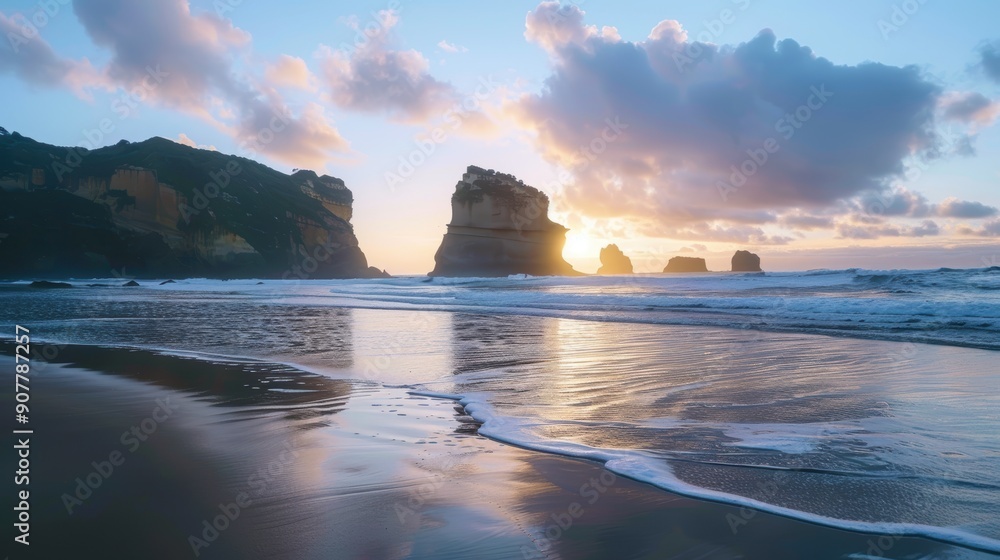 Poster sunset on sandy beach with rock formations and crashing waves creating a warm reflection on wet sand