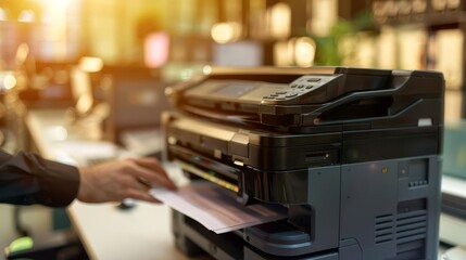 Close-up of a hand inserting paper into a multifunction printer.