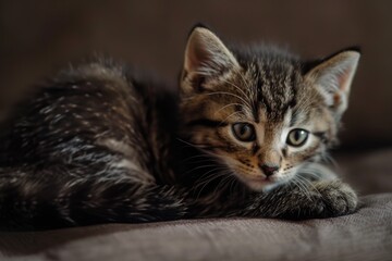 Close-up of a tabby kitten lying down with expressive eyes in a cozy setting.