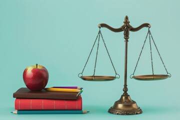 Balance scale with red apple on stack of books and colored pencils on table. Educational and justice themes.