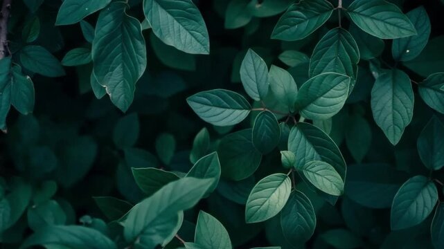 Lush green leaves pattern, serene nature background in soft focus.