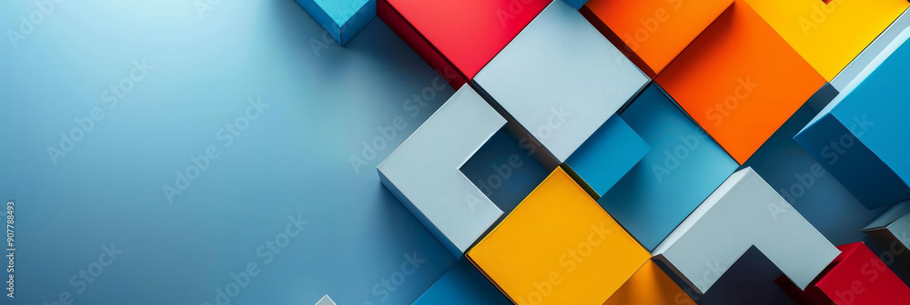 Poster abstract geometric pattern with colorful squares and rectangles on a blue background.