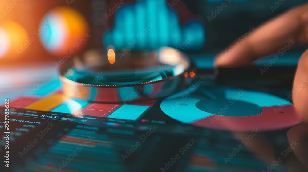 Poster close-up of a magnifying glass over a tablet screen showing data charts.