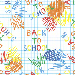 Text back to school with colored strokes on notebook in cage background. Seamless pattern. Vector illustration.