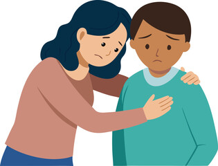 Fototapeta premium A caring woman comforts a sad man, showing empathy and emotional support in a calming atmosphere.