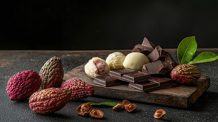 elegant still life photography of organic cacao pods and premium high quality chocolate, best selection 