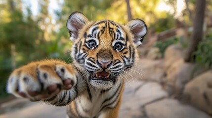 Fototapeta premium A baby tiger with a playful grin and sharp eyes extends its front paws towards the camera, aiming for a cute, affectionate selfie with a looped background that is not very blurry