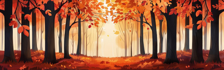 Autumn forest scene with vibrant red and orange leaves