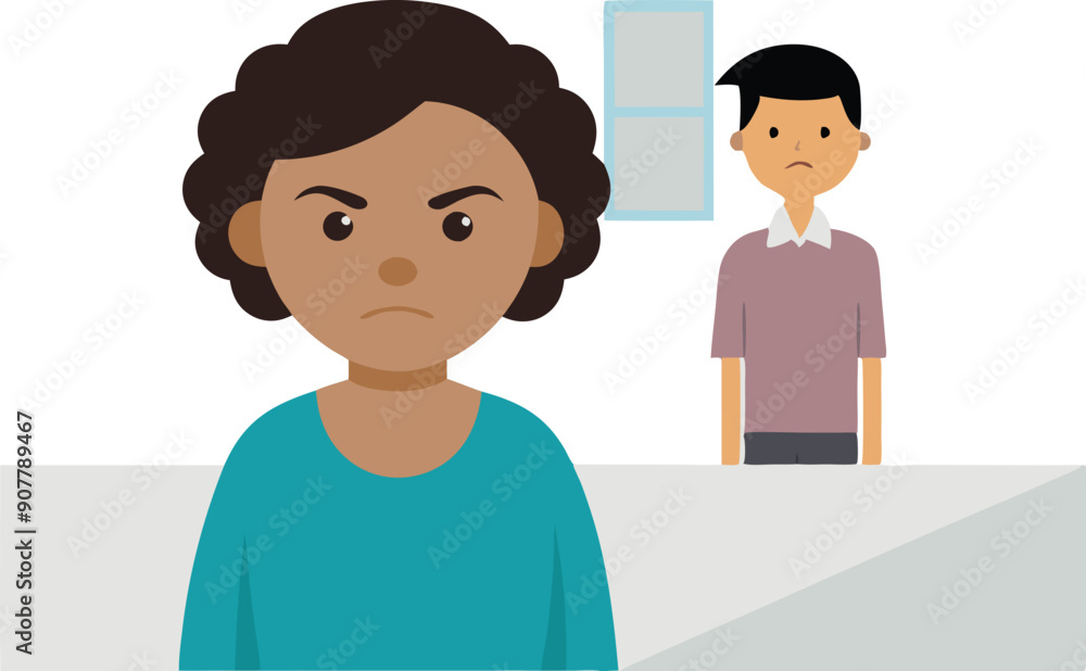 Poster two characters express contrasting emotions in a simple indoor setting, highlighting tension and unr