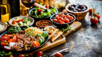 Obraz premium Mediterranean feast with grilled meat, vegetables, and fresh salad.