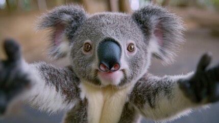 Obraz premium A baby koala with a sweet smile and soft fur reaches out with both arms, leaning in for a gentle selfie with a high-resolution lens, against a looped background that is not very blurry