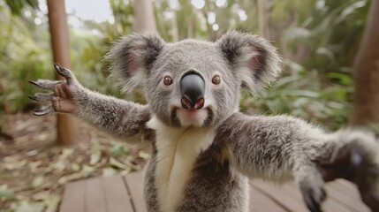 Fototapeta premium A baby koala with a sweet smile and soft fur reaches out with both arms, leaning in for a gentle selfie with a high-resolution lens, against a looped background that is not very blurry