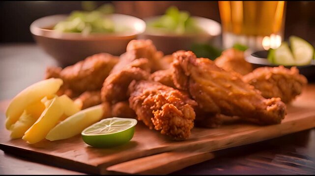 Street food of golden crispy fried drumstick and chicken wings, unhealthy fast food snack, quick, fatty, filling lunch.