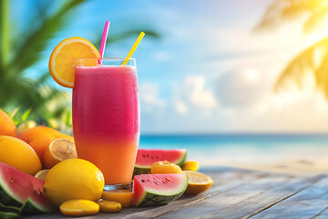 Fototapeta premium Fresh smoothie drinks placed on wooden planks, blur tropical beach on background. Summer drinks and beach vacation background