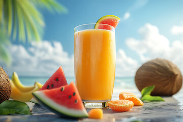 Summer cocktail with various tropical fruits around. Apple, kiwi, tangerine, orange, mango, carambola. Glass of orange drink with blur beach on background
