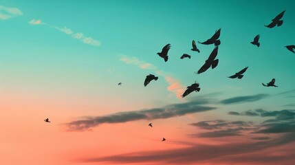 Fototapeta premium Silhouettes of birds flying against a vibrant sunset sky.