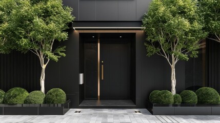 Modern black front door with gold handle and green bushes