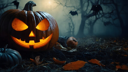 Naklejka premium Halloween scary smiling pumpkin with glowing eyes and smile Dark gloomy setting flying mice fog
