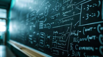 Blackboard, Blackboard covered with chalk drawings and equations in a classroom with copy space