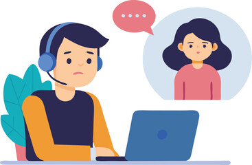 A young man uses a headset to converse with a woman on his laptop, indicating an online meeting or chat session.