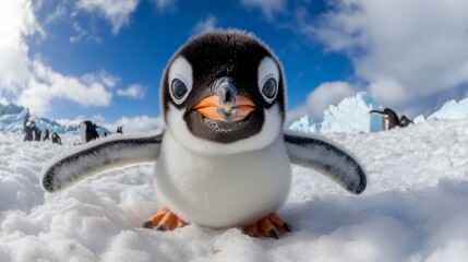 Obraz premium A baby penguin with a waddling stance and cheerful eyes stretches its flippers out, capturing a cute and funny selfie with a fish-eye lens and a looped background that is not very blurry