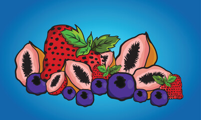 Sliced ​​papaya and whole strawberries and blueberries lying on gradient background