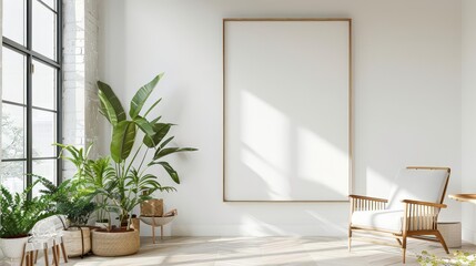 Minimalist living room with empty frame, plants, and armchair.