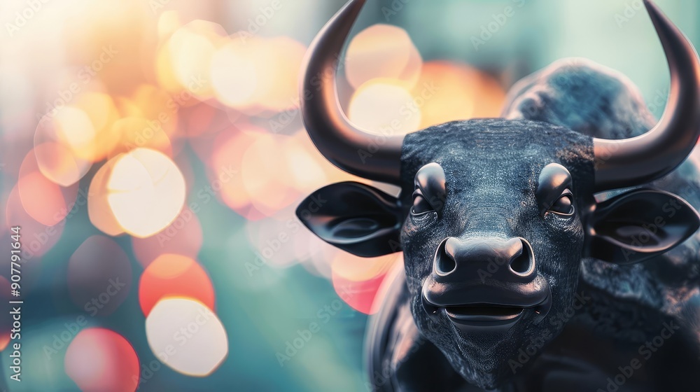 Poster close-up of a black bull with large horns and a bokeh background.