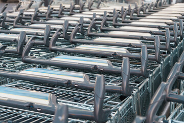 Supermarket shopping carts organized in rows