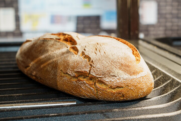 Freshly baked bread on a tray