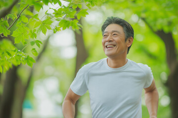 新緑の中をジョギングするシニアのアジア人男性