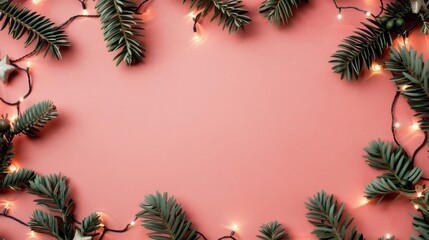 Naklejka premium Pink background with Christmas lights and pine branches.