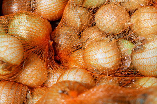 Onions in orange mesh bags