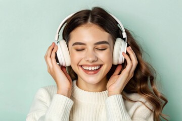 Fototapeta premium Cheerful teenage girl listening to music through wireless headphones against colored background. Generative AI.