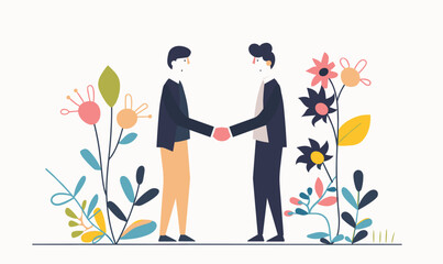 Two cartoon characters handshake agreement amidst floral background. Businesspeople illustrated greeting other, colorful abstract plants decorating scene. Stylized professional meeting, diverse