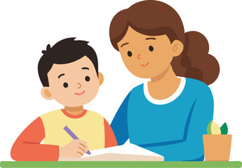 A mother guides her son as he completes homework at a cheerful desk with a plant beside them.