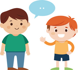 Two boys are smiling and chatting happily, enjoying a playful moment together while standing outdoors.