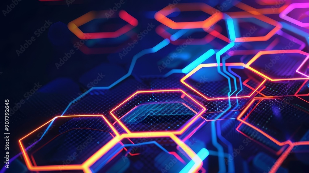 Poster abstract digital background with glowing hexagons and lines.