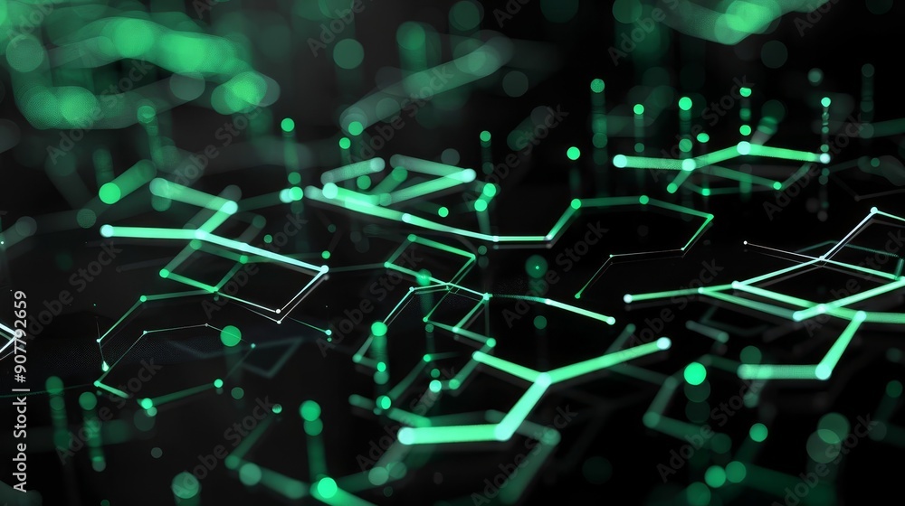 Poster abstract digital network with glowing lines and dots on black background.