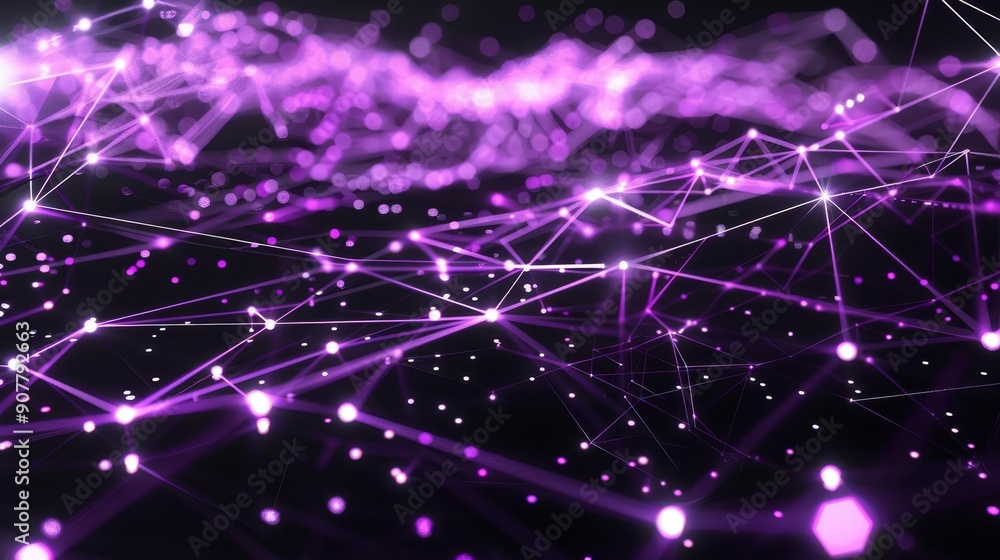 Poster abstract purple digital network background with glowing lines and dots.