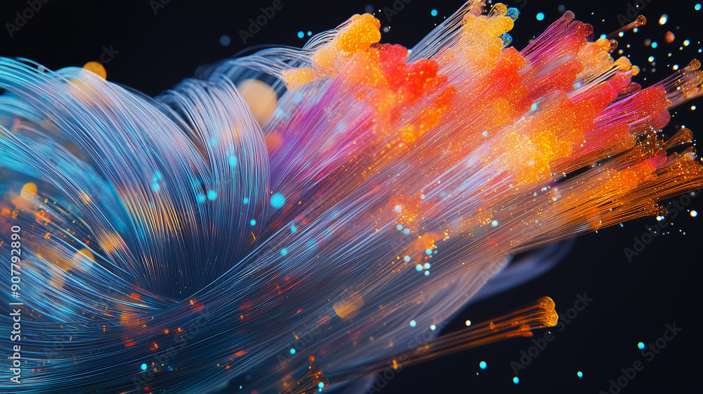 Poster a colorful explosion of light and color with a black background. the image is abstract and has a sen