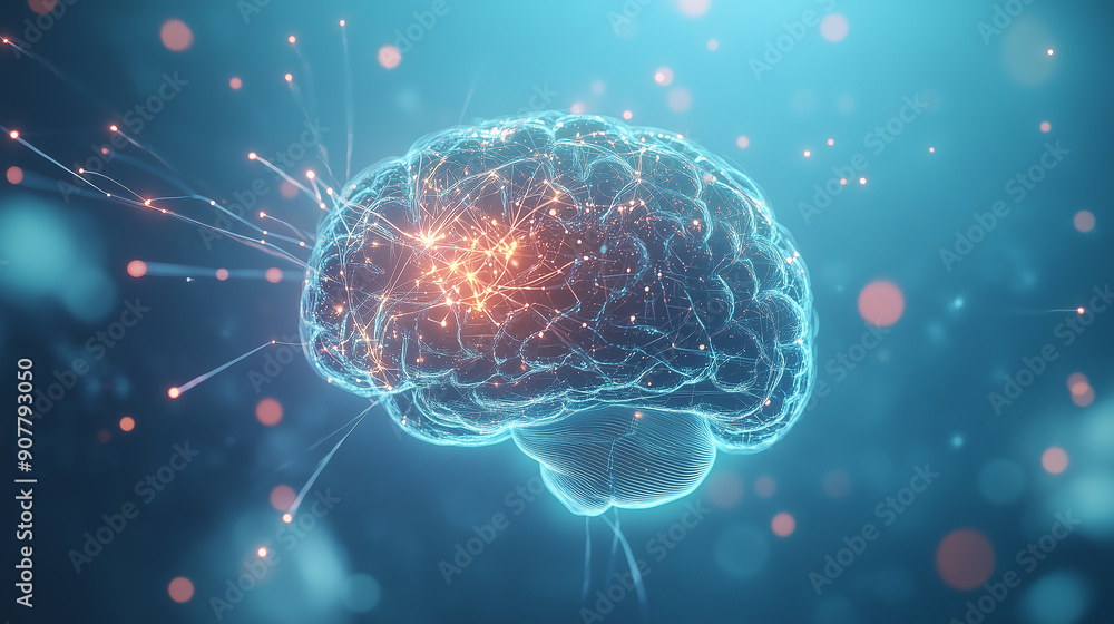 Poster a brain with a red dot in the middle. the brain is surrounded by a blue background. the red dot is g