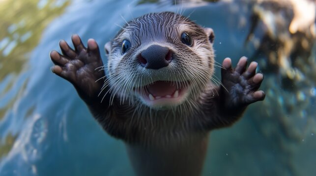 A baby otter with a joyful smile and tiny paws reaches out, taking a high-resolution, cute selfie with a fish-eye lens and a looped background that is not very blurry