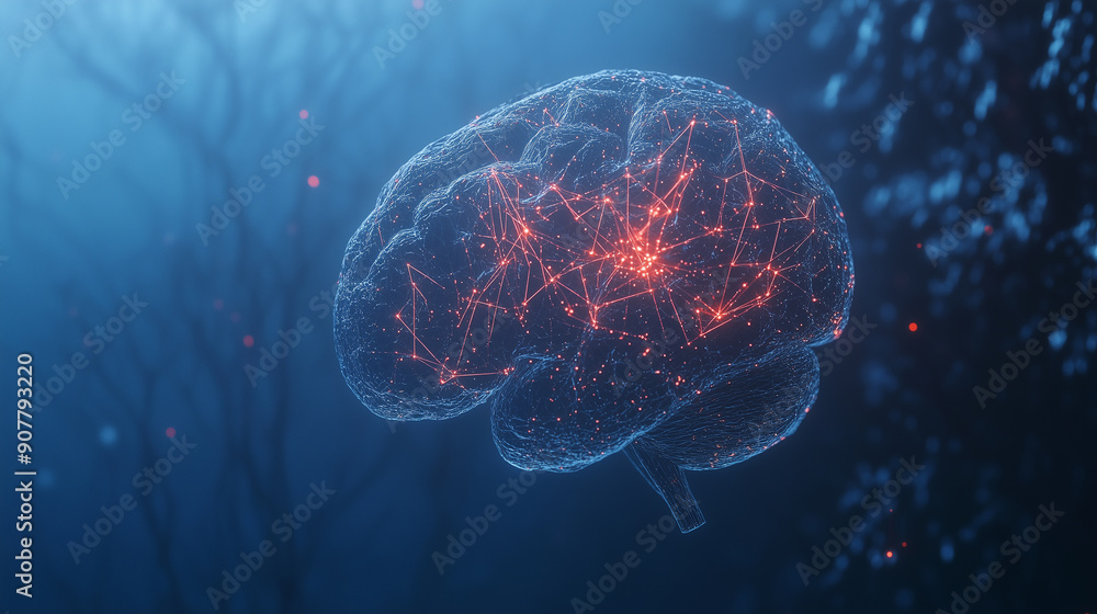 Poster a brain made of wires and lights is floating in the water. the brain is surrounded by a blue and red